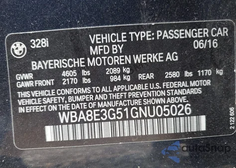 2016 BMW 328I xDrive из США, поврежденный, VIN WBA8E3G51GNU05026